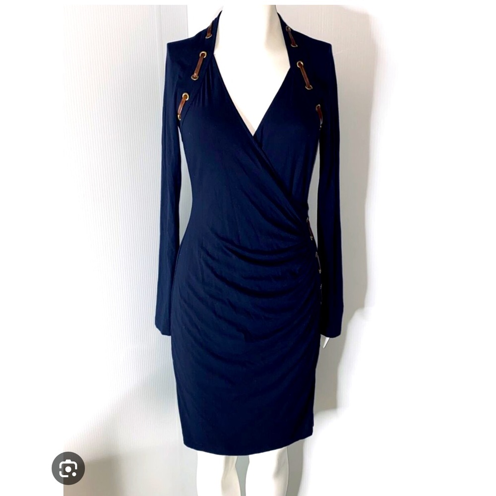 Women’s Dresses, Carmen Marc Valvo, Sz S, Blue with brown leather trim